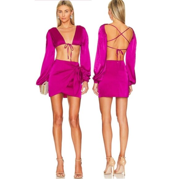 Superdown Twee With Bow Detail Pink Satin Mini Rissa Wrap Skirt Size Medium - Picture 1 of 13